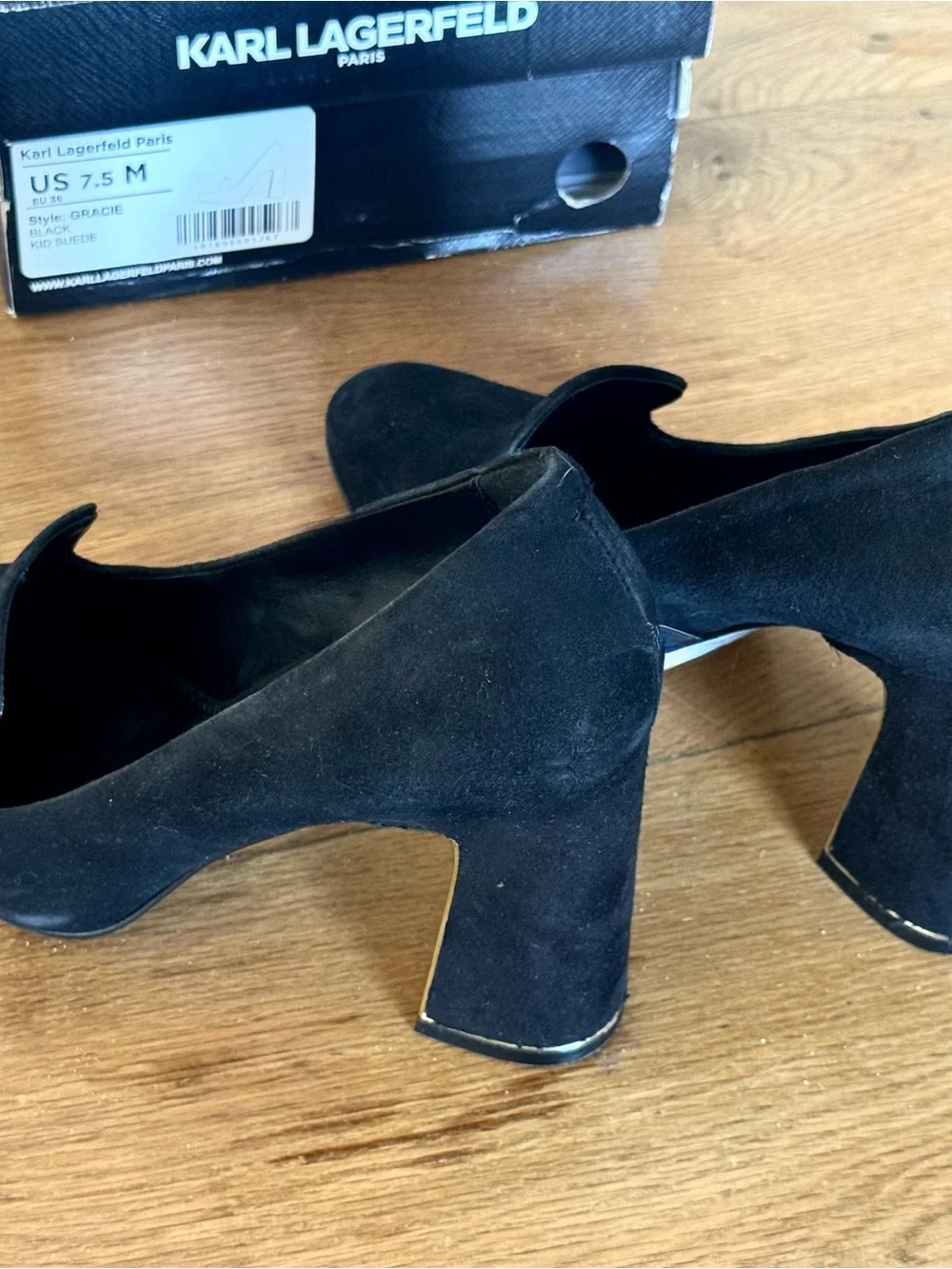 Karl Lagerfeld Gracie Black Suede Gold Metallic Block Heel Pumps Size 7.5
